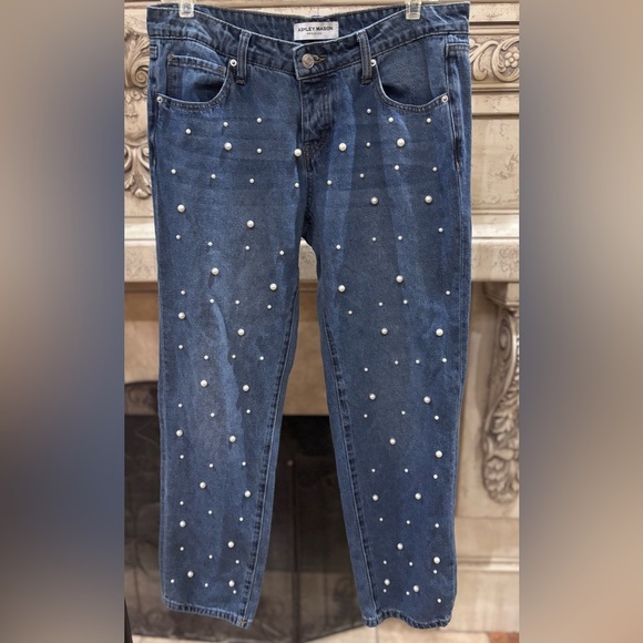 Ashley Mason Pearl Studded Buttonfly Light Wash Denim Blue Jeans Size 9/29 - Picture 1 of 15